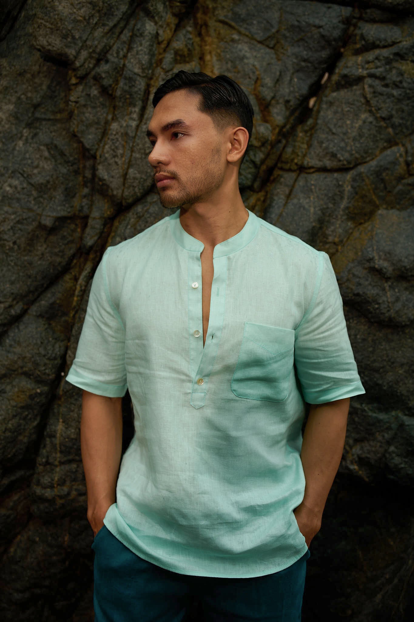 Áo sơ mi cổ trụ nam linen xanh bạc hà thời trang Hity