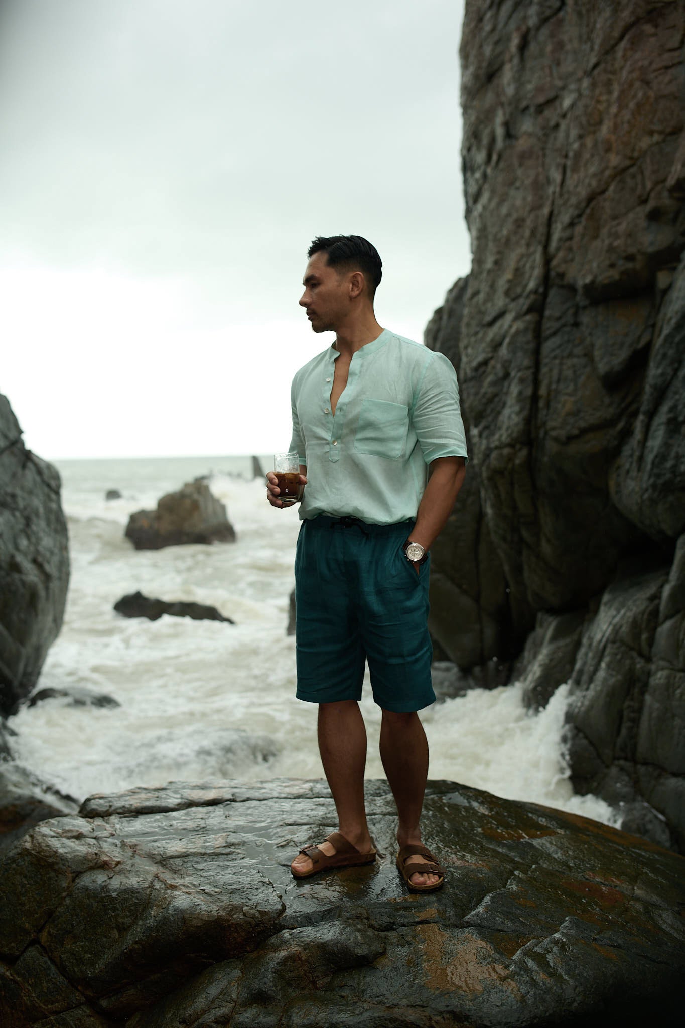 Áo sơ mi cổ trụ nam linen xanh bạc hà thời trang Hity