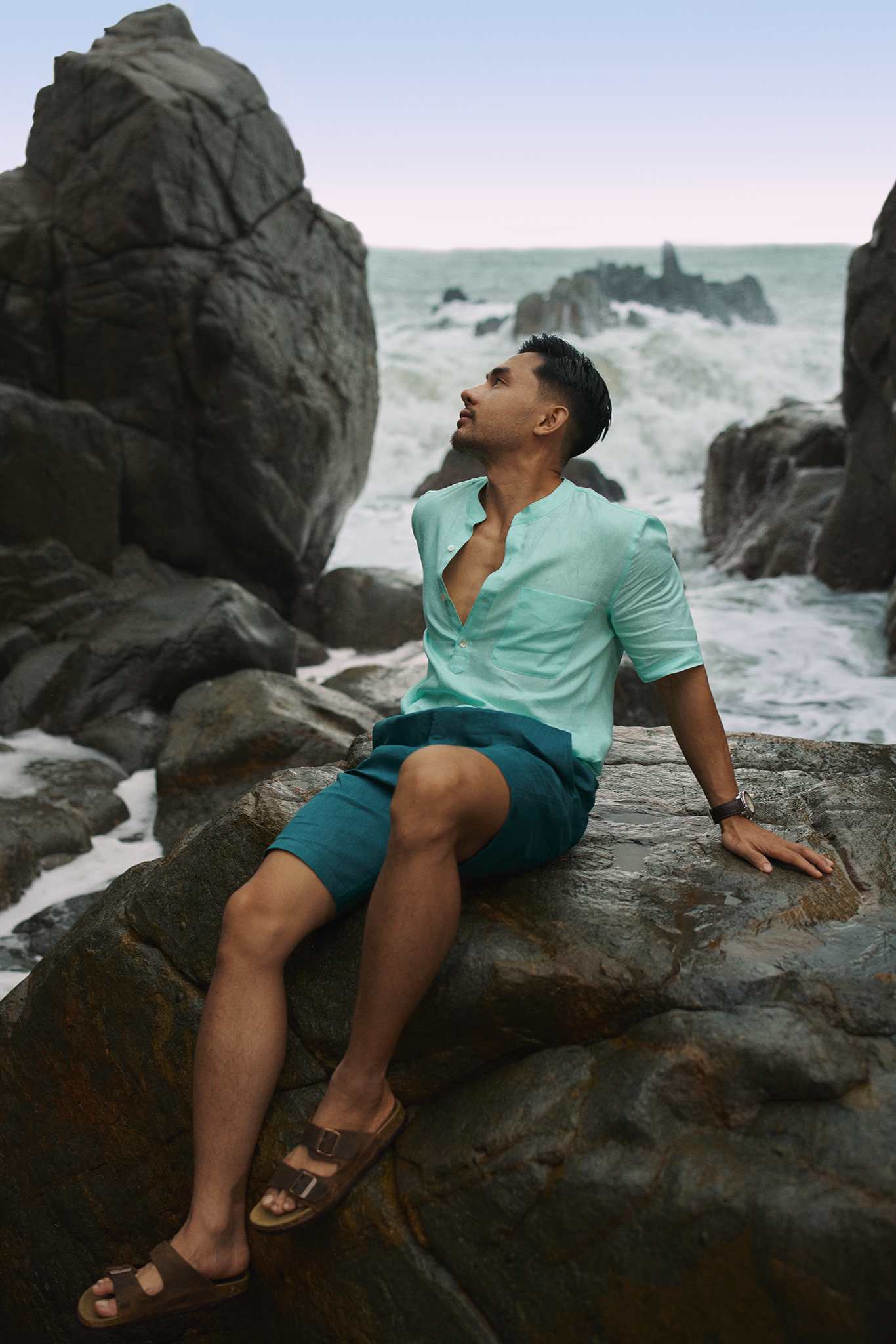 Áo sơ mi cổ trụ nam linen xanh bạc hà thời trang Hity