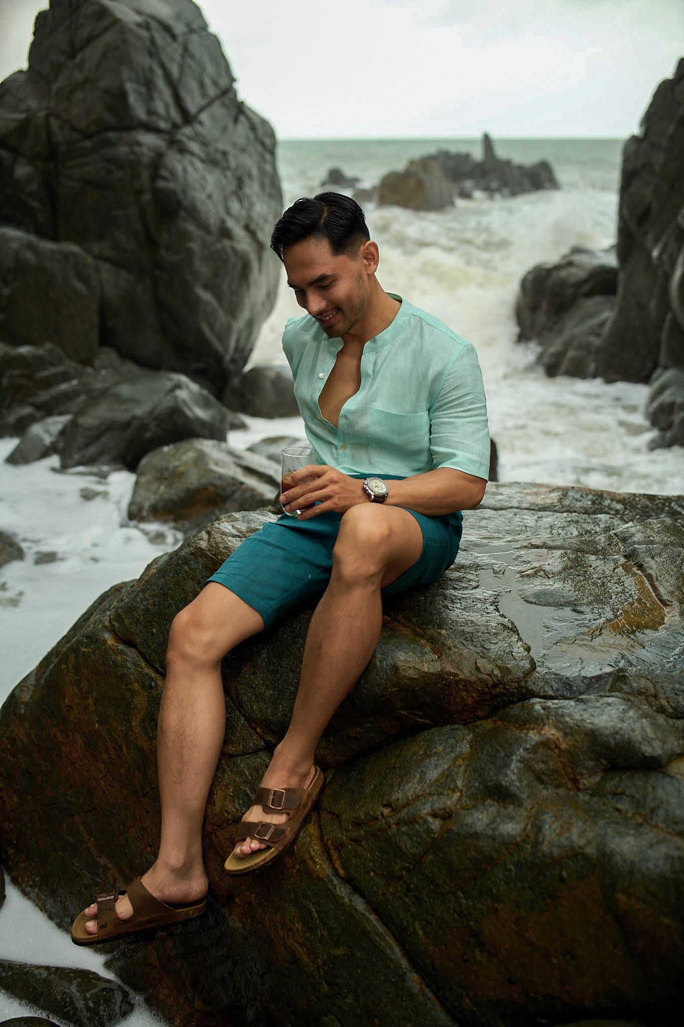 Áo sơ mi cổ trụ nam linen xanh bạc hà thời trang Hity