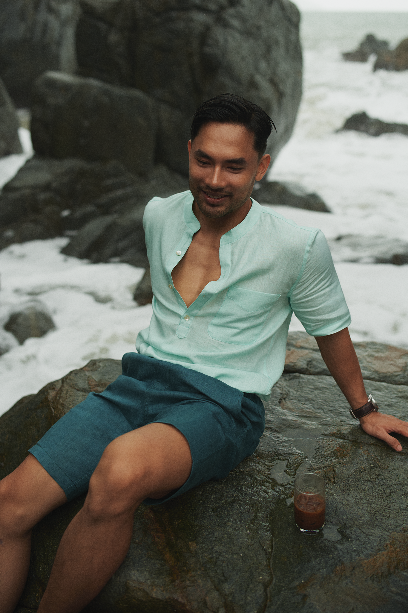 Áo sơ mi cổ trụ nam linen xanh bạc hà thời trang Hity