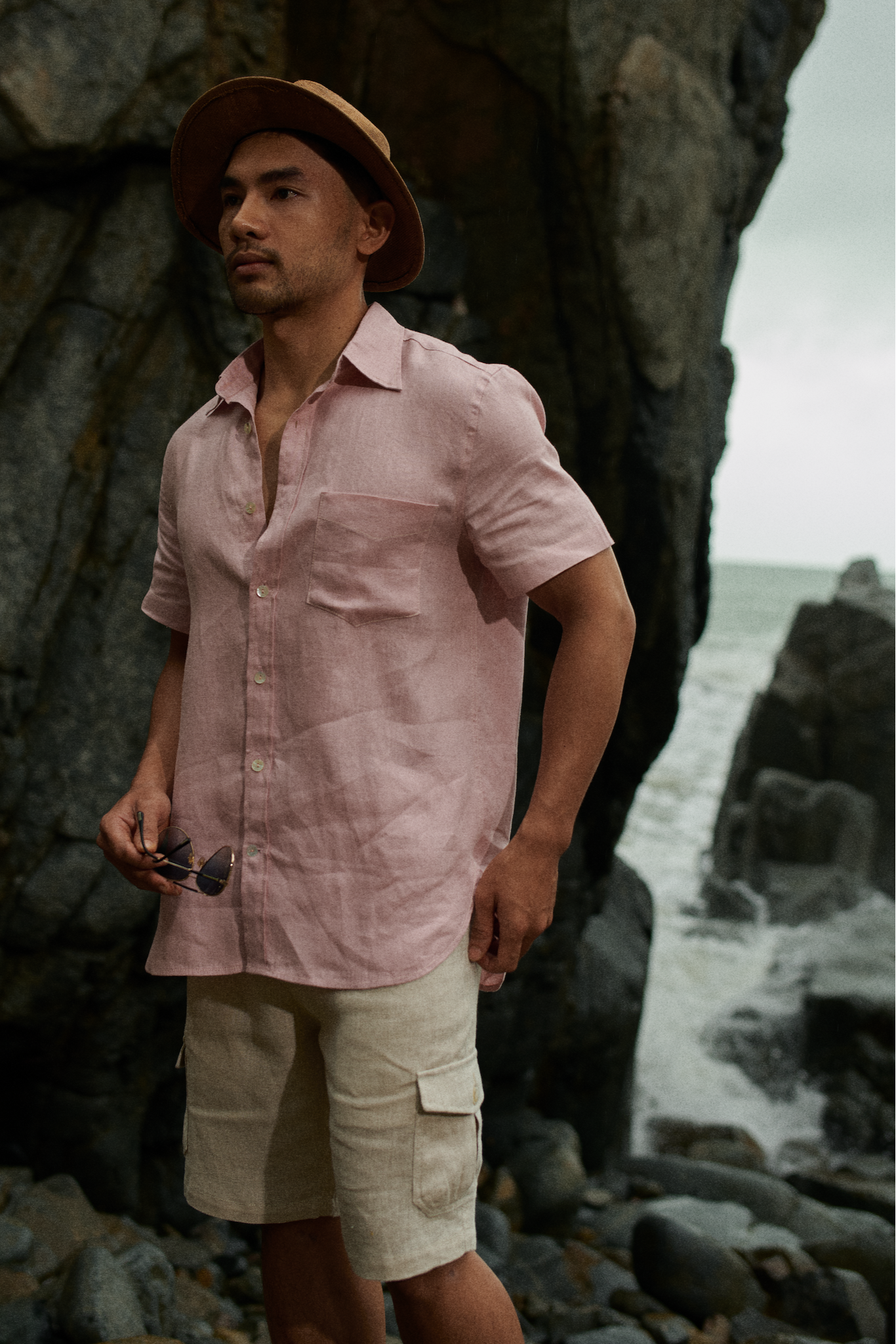 Áo sơ mi nam tay ngắn linen hồng phấn thời trang Hity