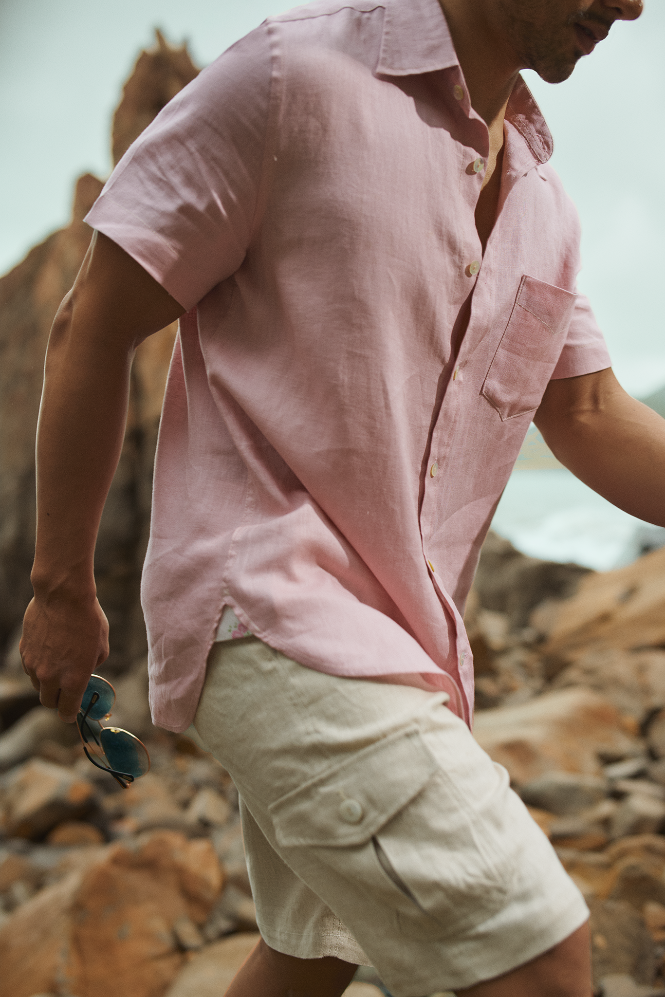 Áo sơ mi nam tay ngắn linen hồng phấn thời trang Hity