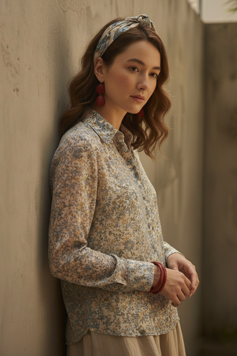 Áo sơ mi tay dài chiffon voan hoa nhí cổ điển vintage thời trang Hity