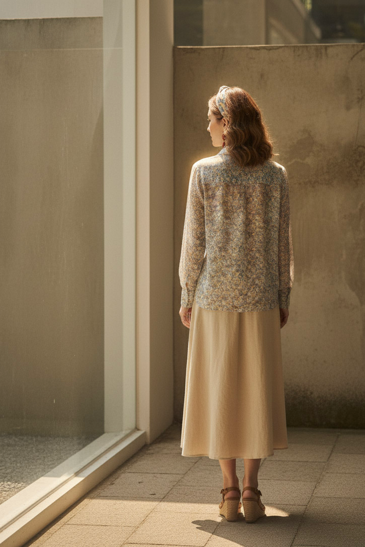 Áo sơ mi tay dài chiffon voan hoa nhí cổ điển vintage thời trang Hity