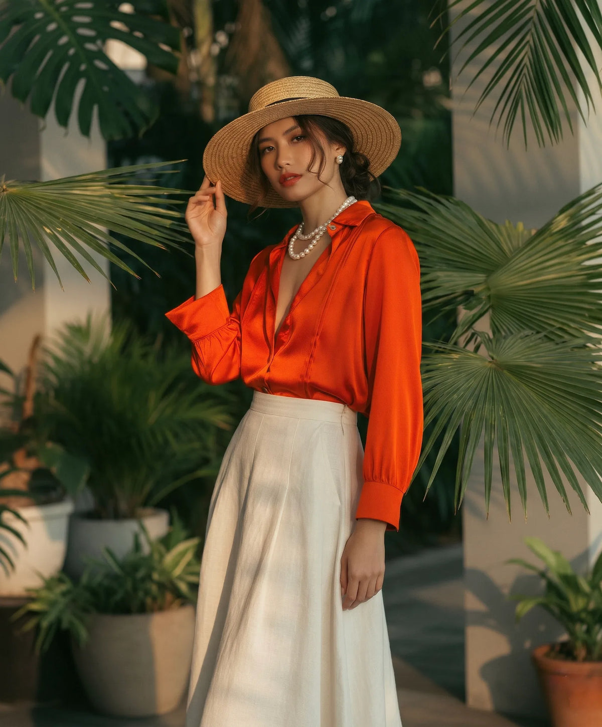 Áo sơ mi tay dài satin cam thời trang Hity