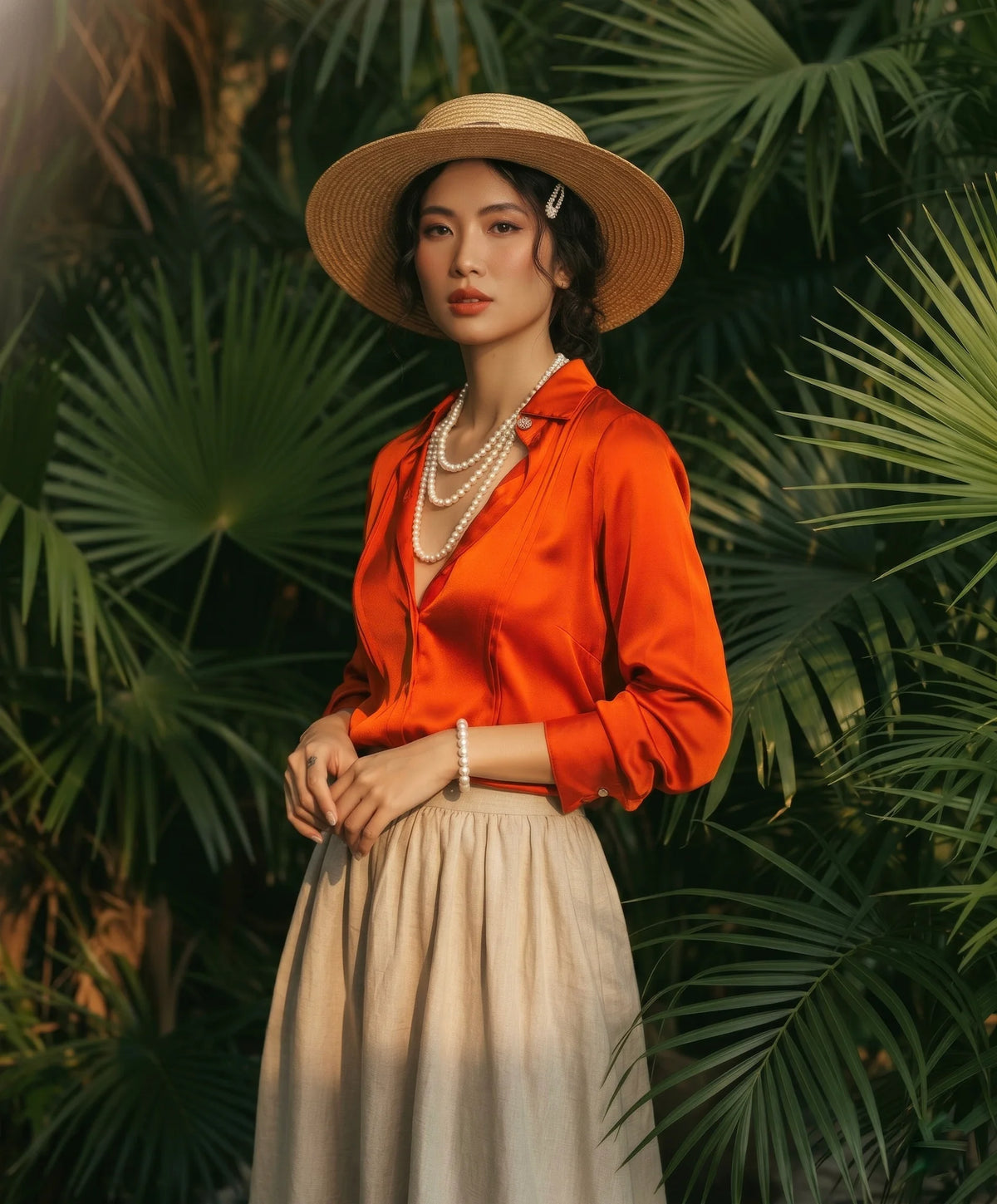 Áo sơ mi tay dài satin cam thời trang Hity