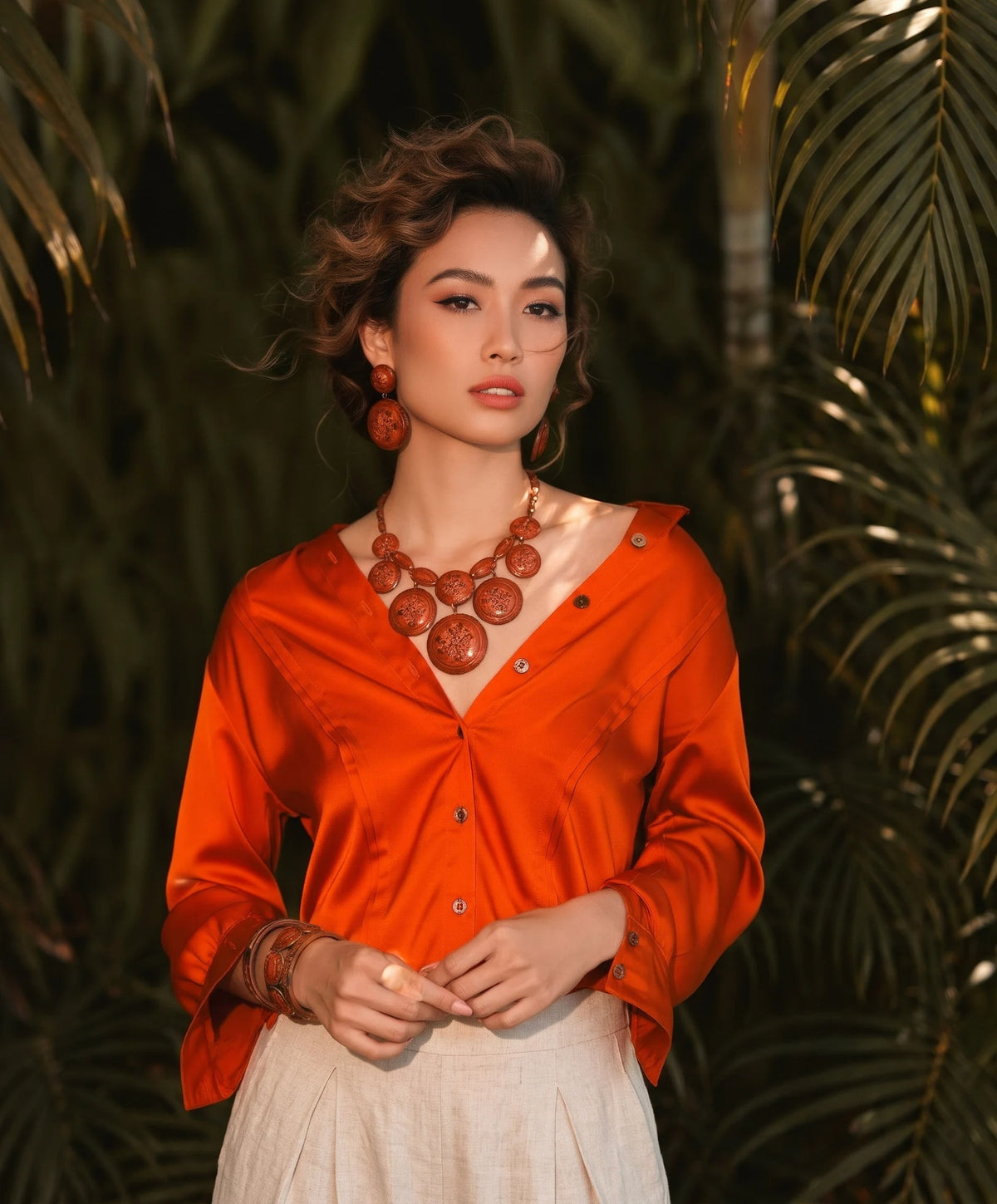 Áo sơ mi tay dài satin cam thời trang Hity