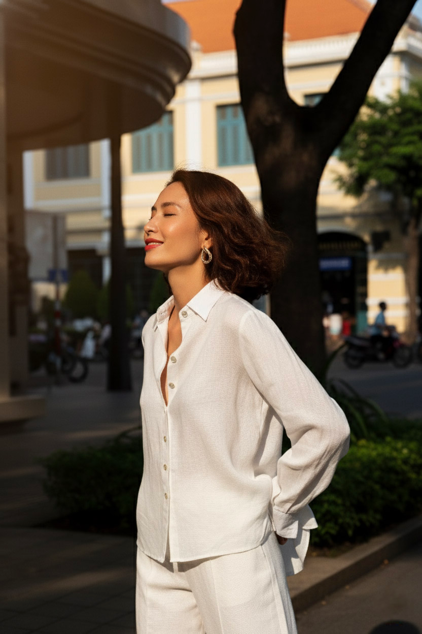 Áo sơ mi nữ tay dài linen trắng thời trang Hity