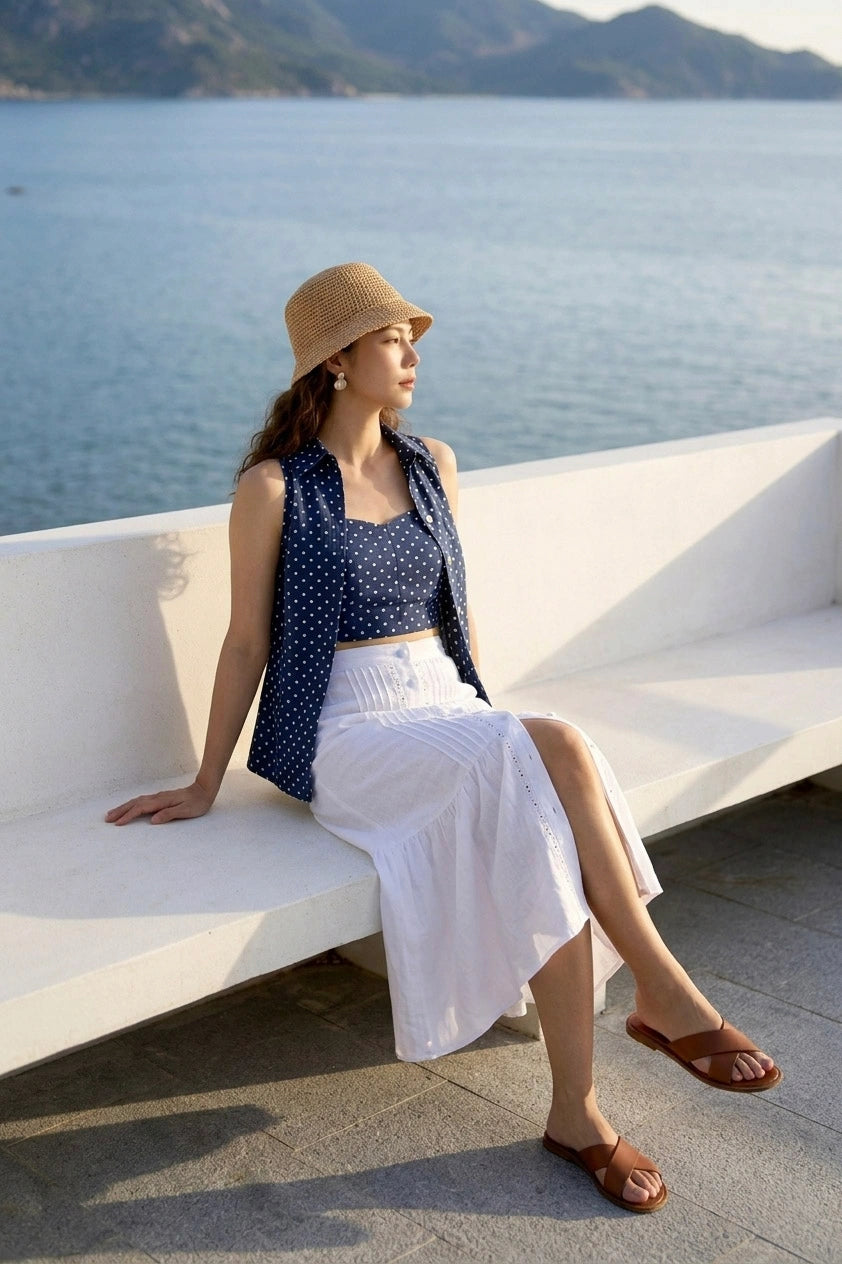 Áo sơ mi sát nách hở vai linen chấm bi thời trang Hity