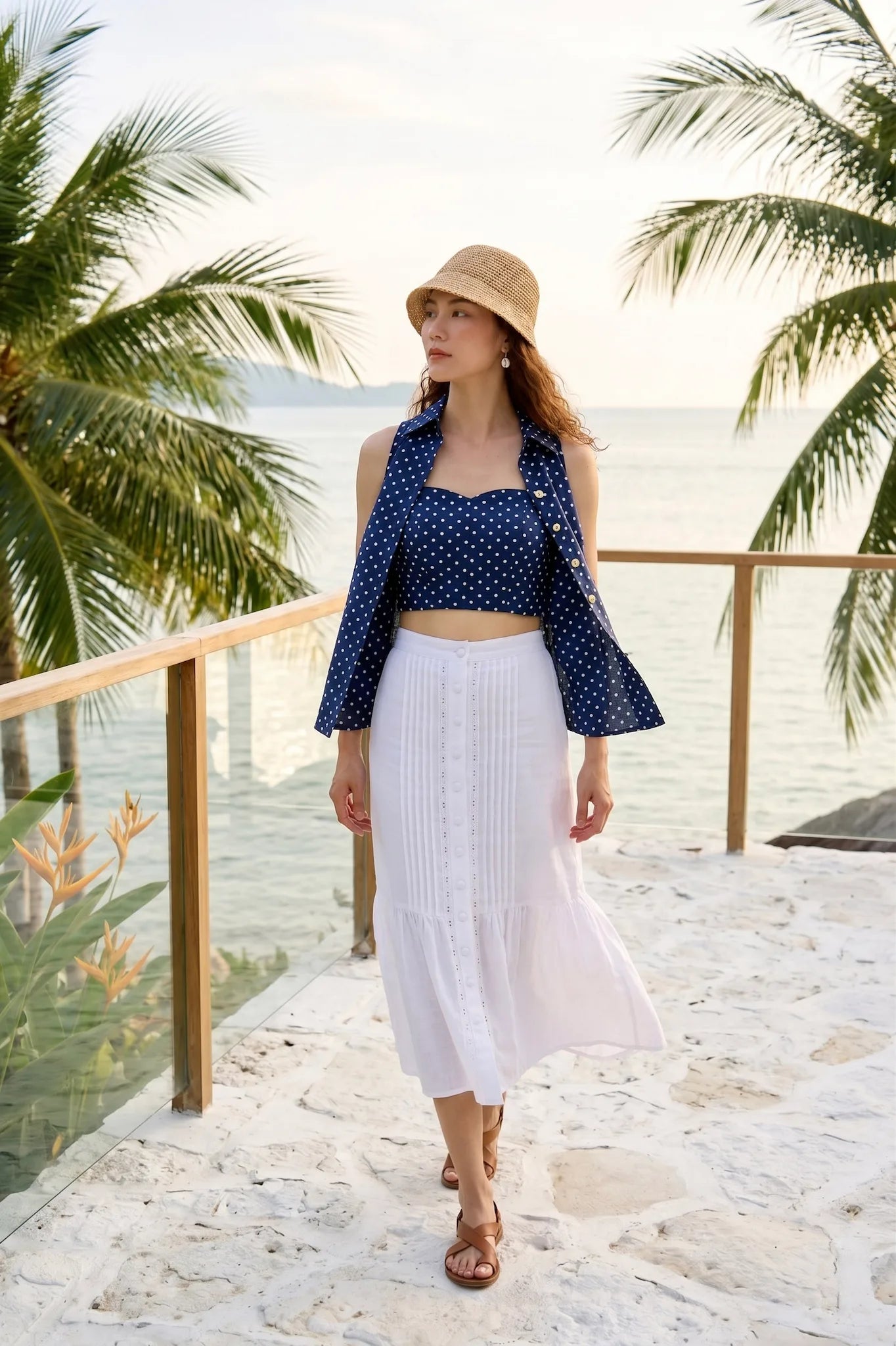 Áo sơ mi sát nách hở vai linen chấm bi thời trang Hity