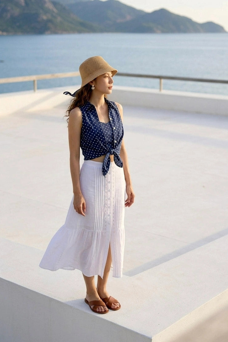 Áo sơ mi sát nách hở vai linen chấm bi thời trang Hity