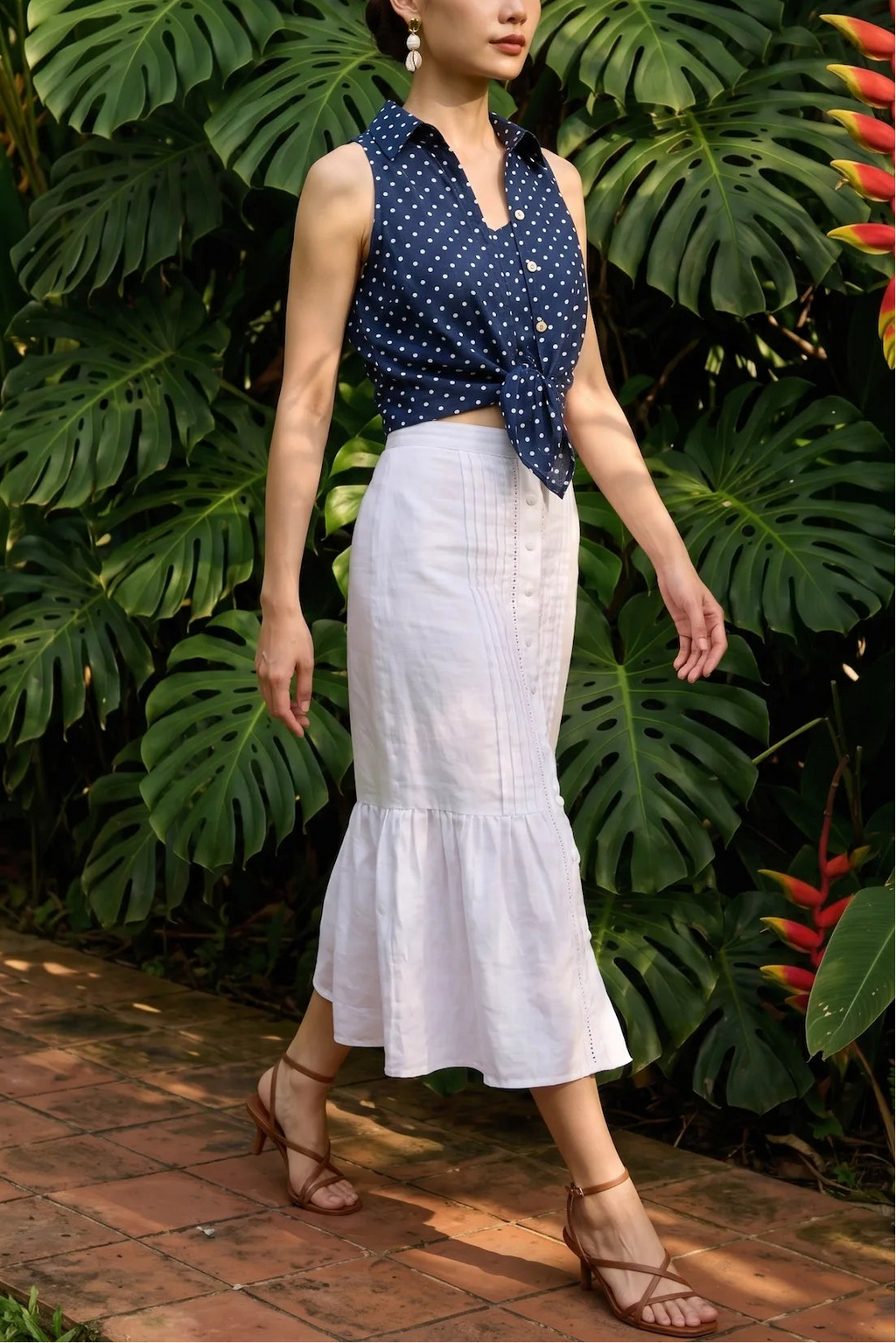 Áo sơ mi sát nách hở vai linen chấm bi thời trang Hity