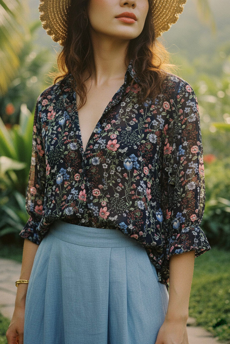 Áo sơ mi tay dài chiffon hoa thời trang Hity