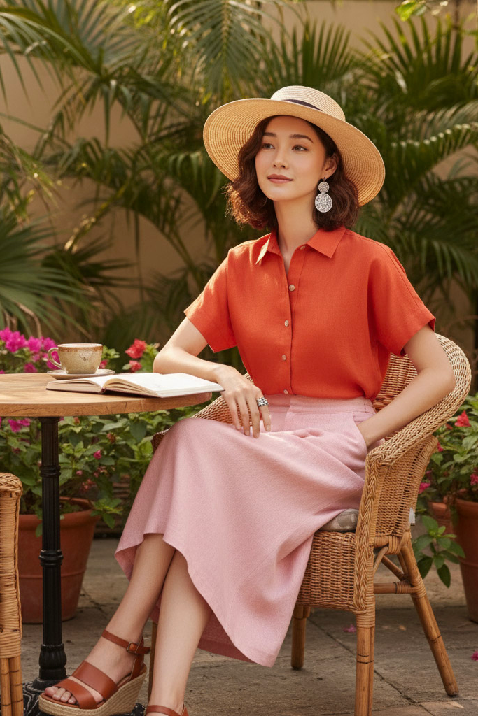 Áo sơ mi tay ngắn linen cam thời trang Hity