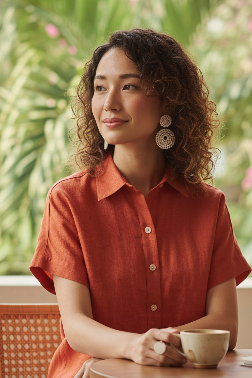 Áo sơ mi tay ngắn linen cam thời trang Hity