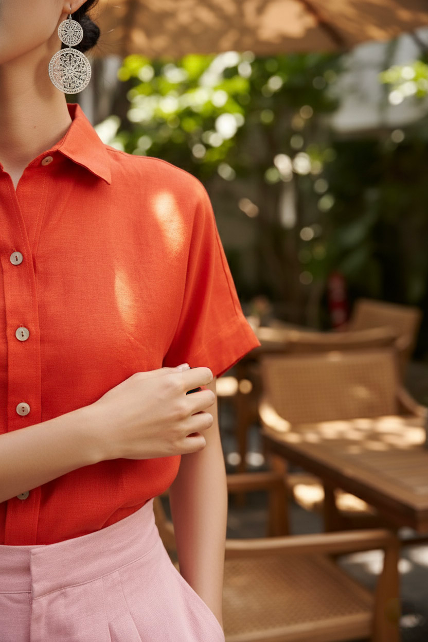 Áo sơ mi tay ngắn linen cam thời trang Hity