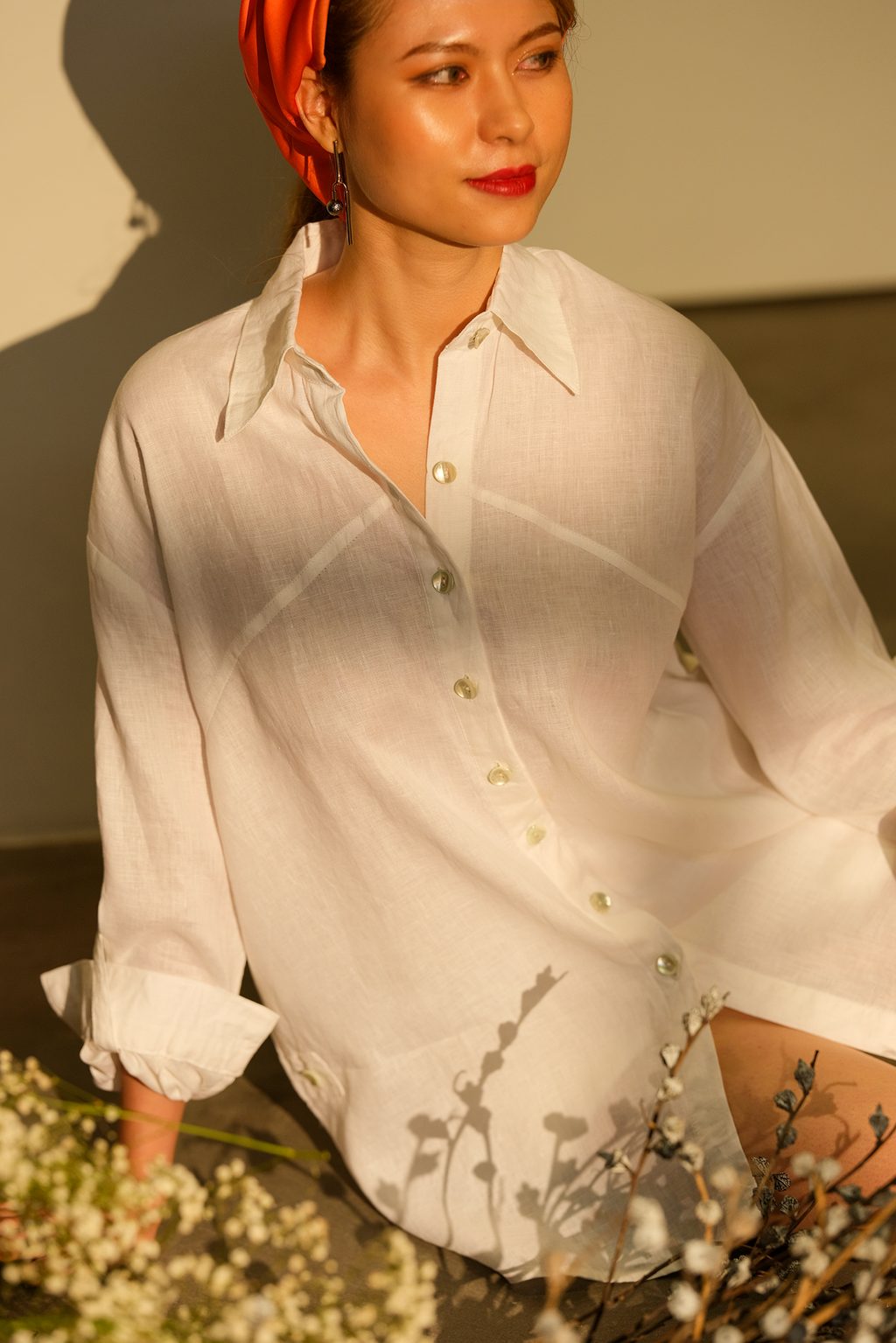 Áo sơ mi phom rộng oversize linen trắng thời trang Hity