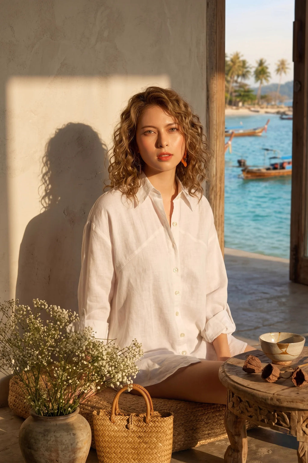 Áo sơ mi dáng rộng oversize linen trắng thời trang Hity