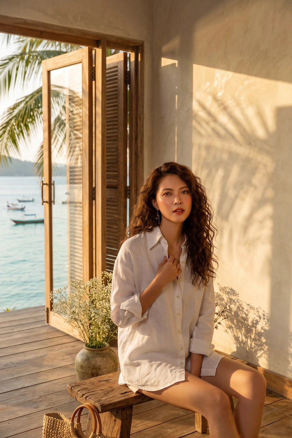 Áo sơ mi dáng rộng oversize linen trắng thời trang Hity