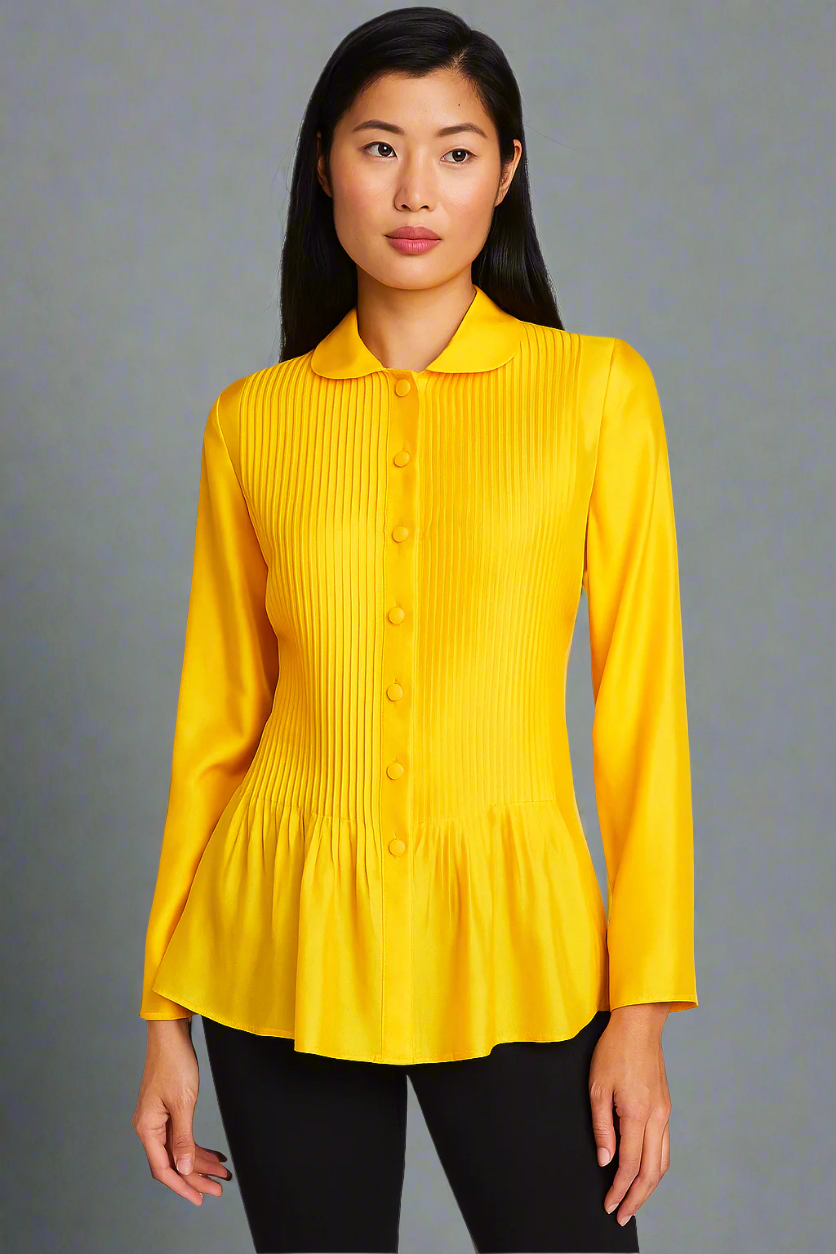 Áo sơ mi cổ lá sen xếp ly lụa tơ tằm vàng thời trang Hity