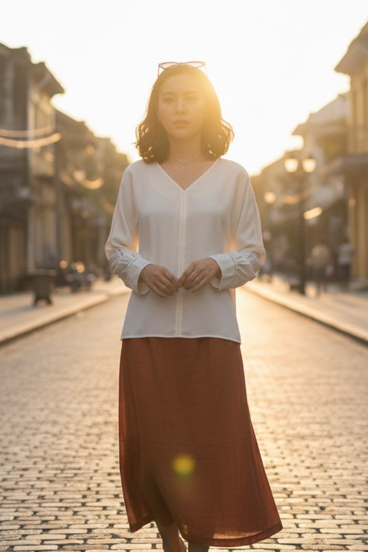 Áo suông cổ tim tay dài phối ren crepe trắng thời trang Hity