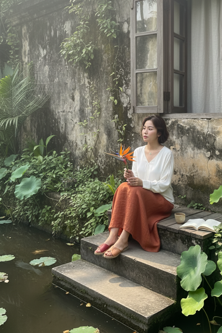 Áo suông cổ tim tay dài phối ren crepe trắng thời trang Hity