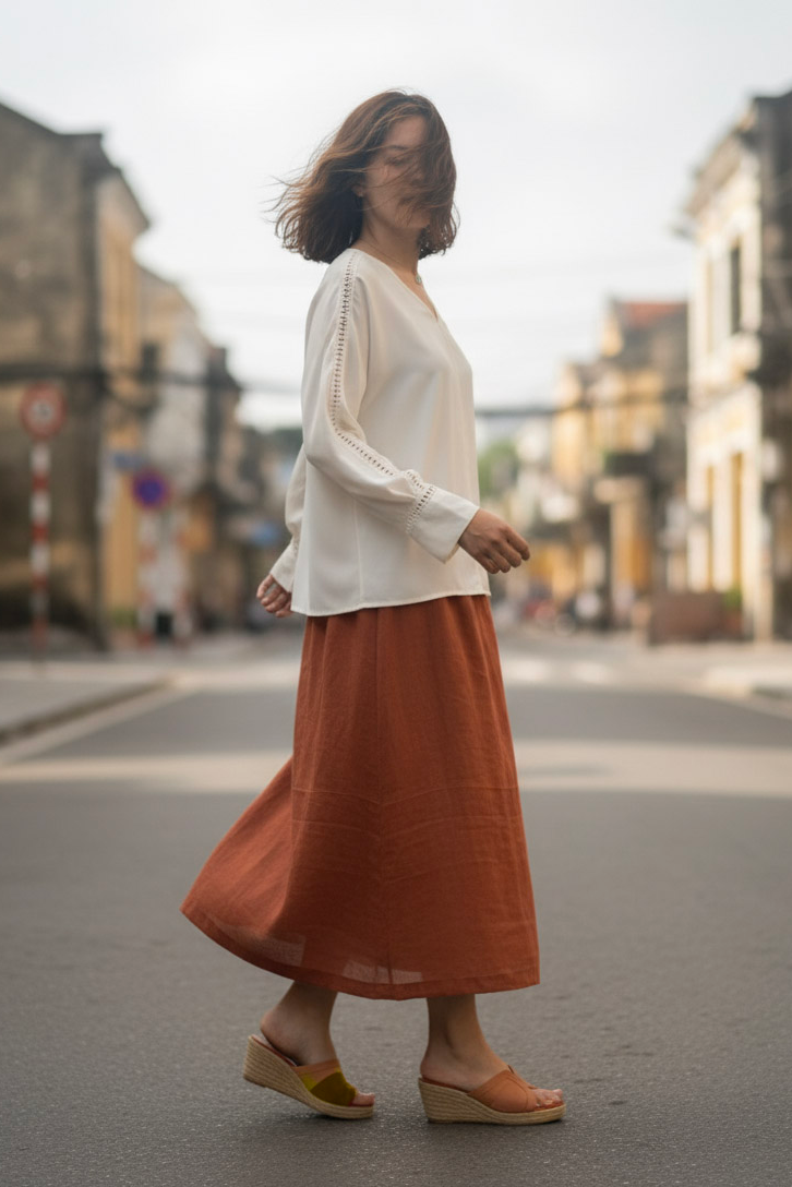 Áo suông cổ tim tay dài phối ren crepe trắng thời trang Hity