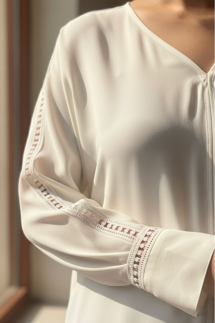 Áo suông cổ tim tay dài phối ren crepe trắng thời trang Hity