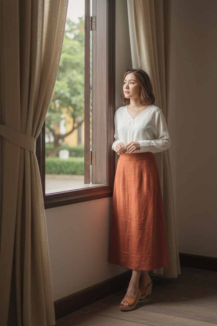 Áo suông cổ tim tay dài phối ren crepe trắng thời trang Hity