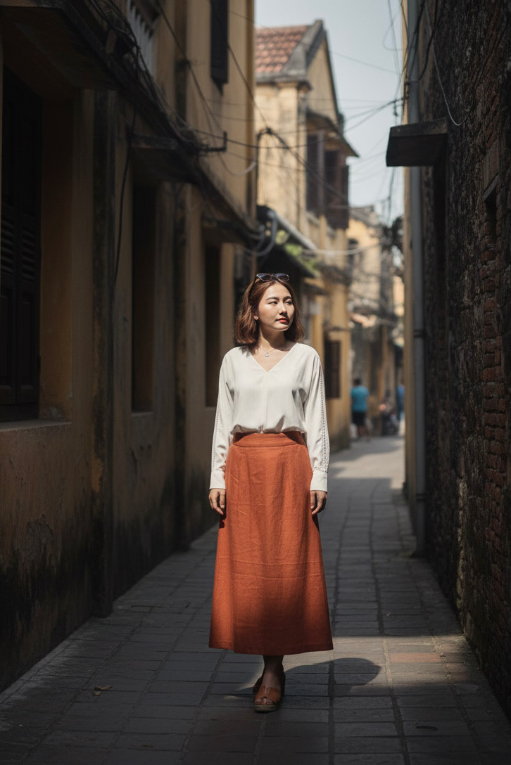 Áo suông cổ tim tay dài phối ren crepe trắng thời trang Hity