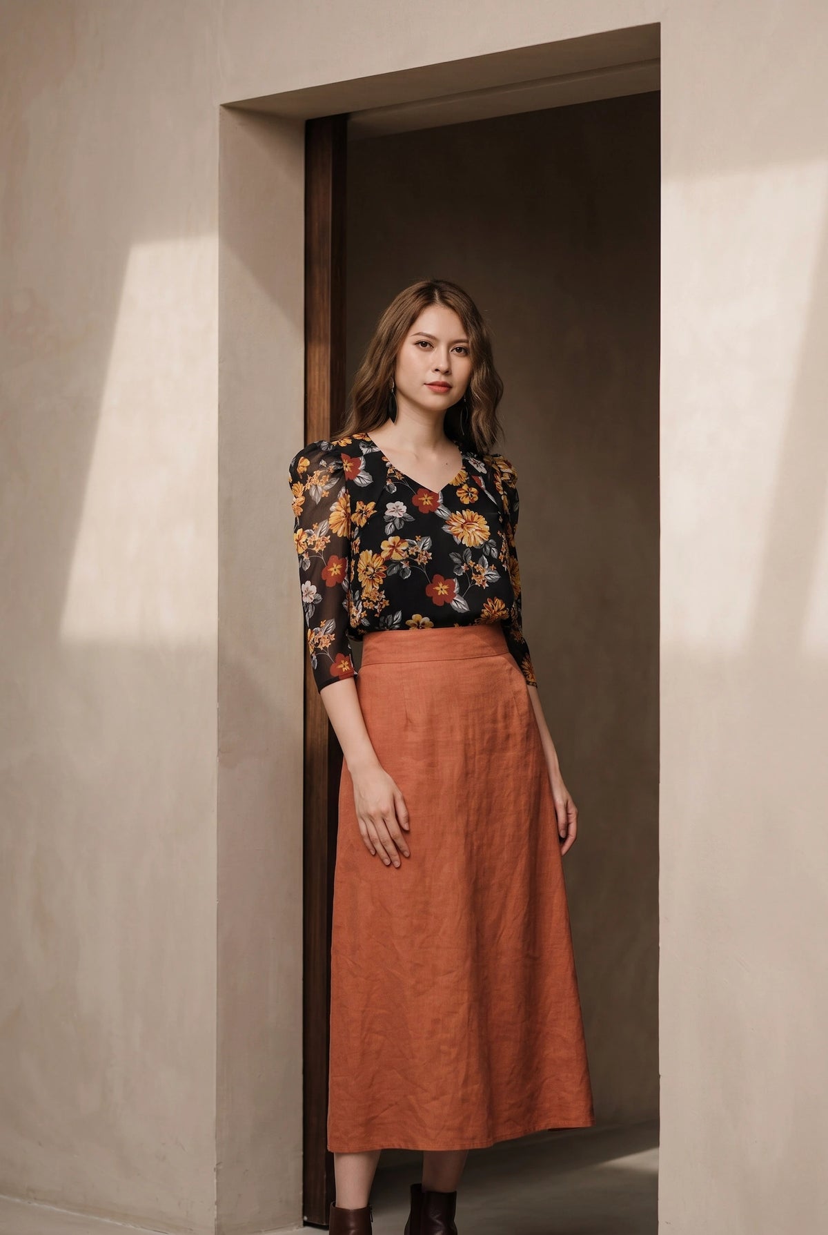 Áo nhún tay phồng  chiffon hoa mùa thu thời trang Hity