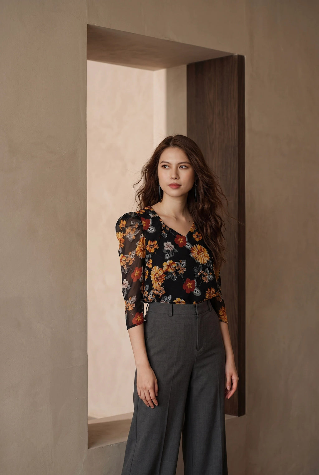 Áo nhún tay phồng  chiffon hoa mùa thu thời trang Hity
