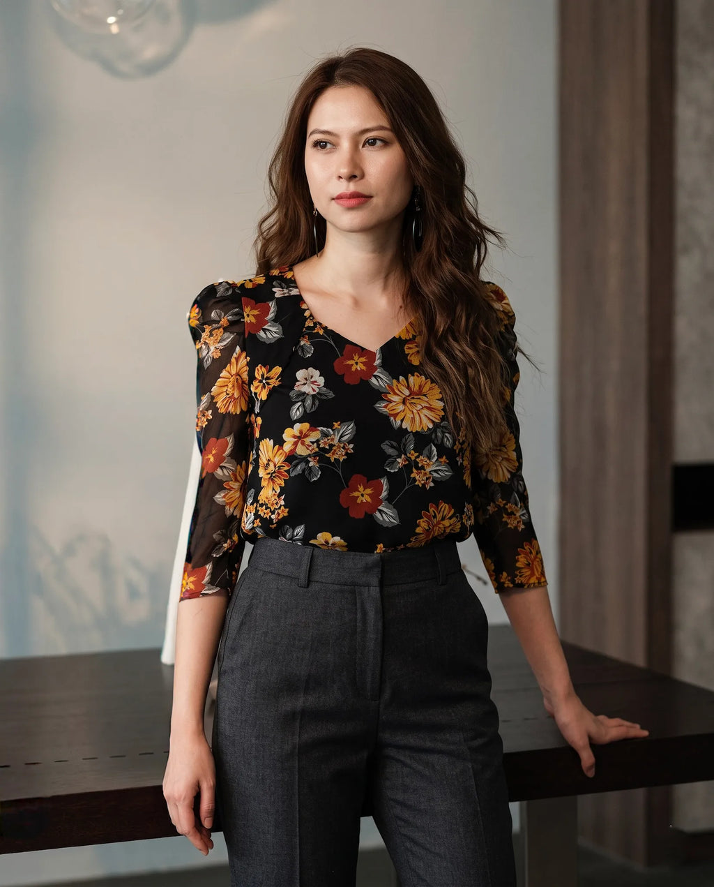 Áo nhún tay phồng  chiffon hoa mùa thu thời trang Hity