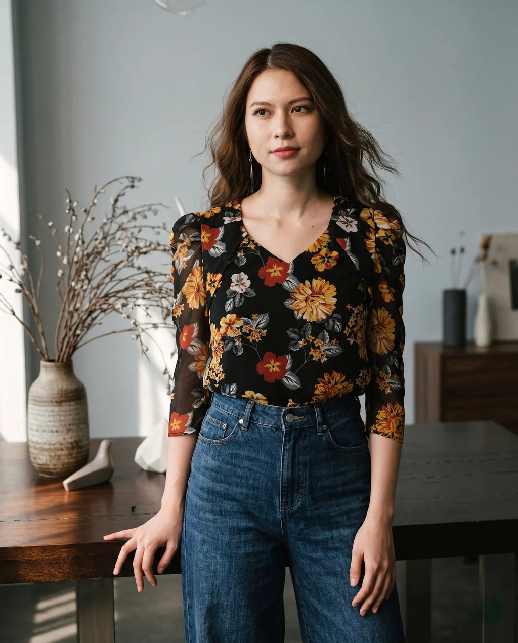 Áo nhún tay phồng  chiffon hoa mùa thu thời trang Hity