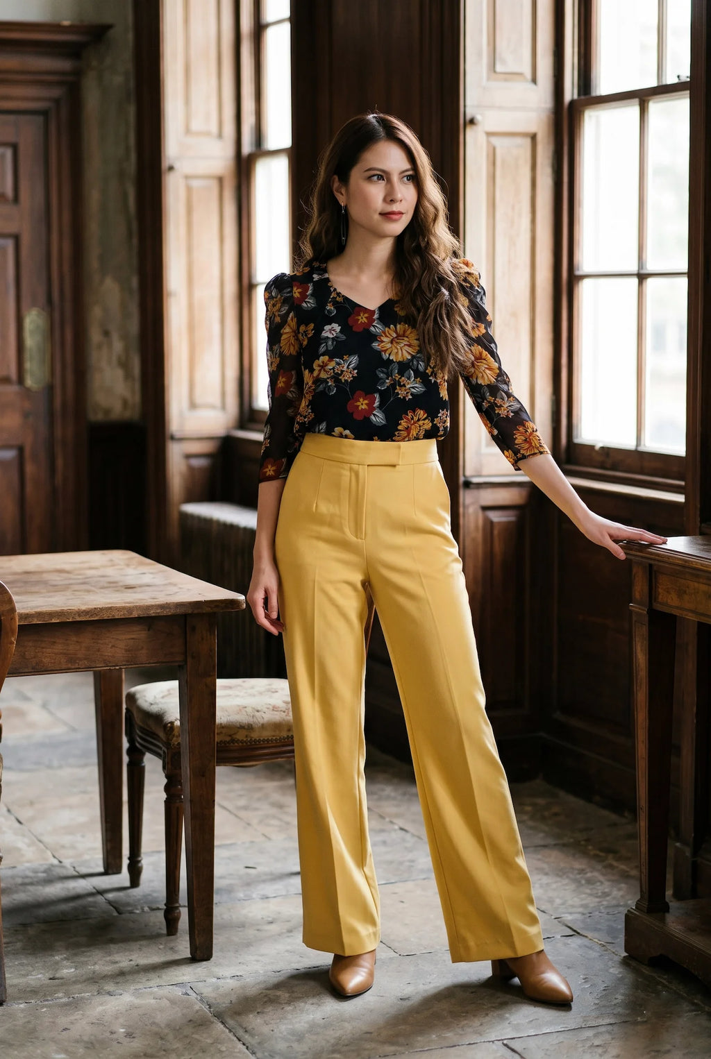 Áo nhún tay phồng  chiffon hoa mùa thu thời trang Hity