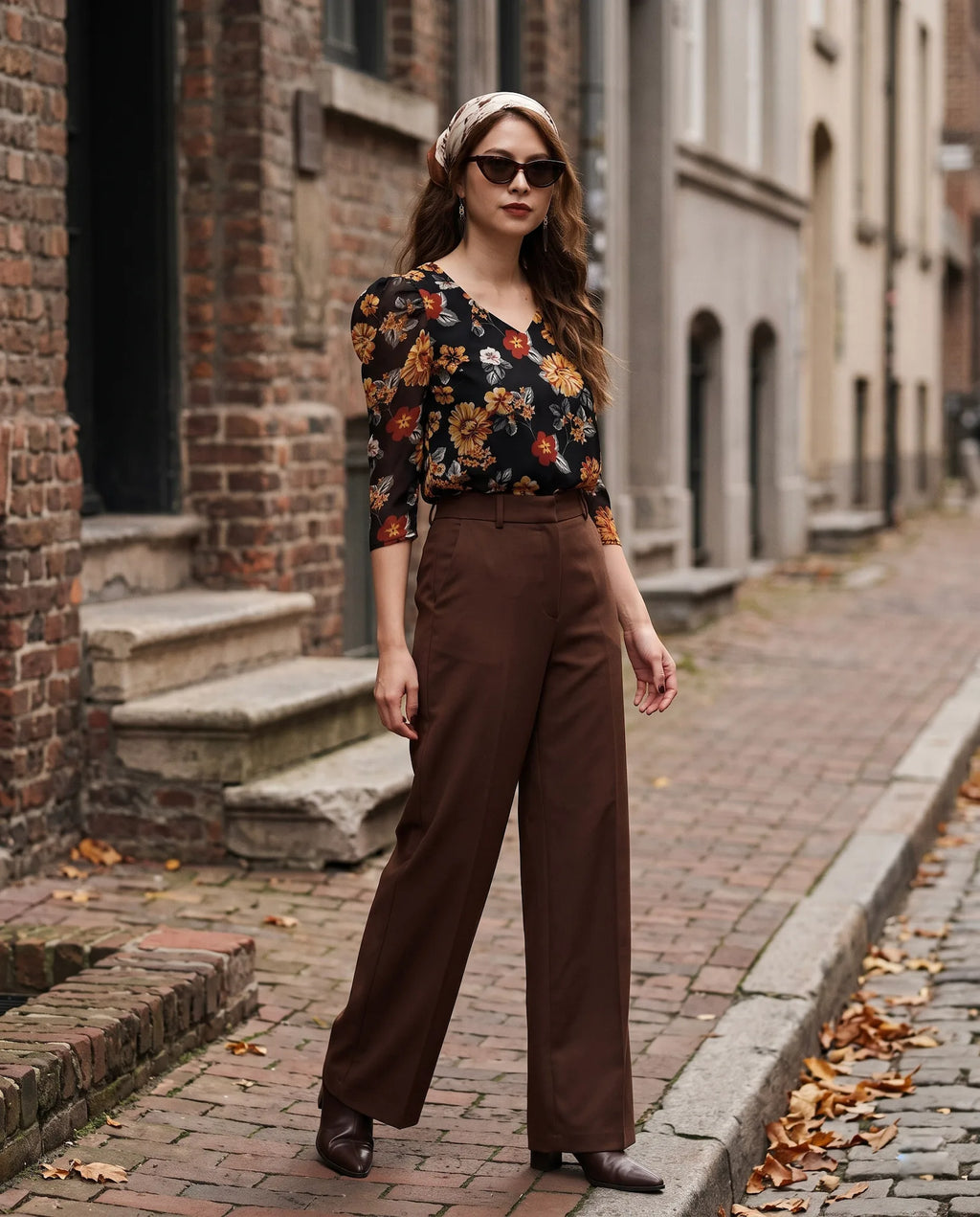 Áo nhún tay phồng  chiffon hoa mùa thu thời trang Hity