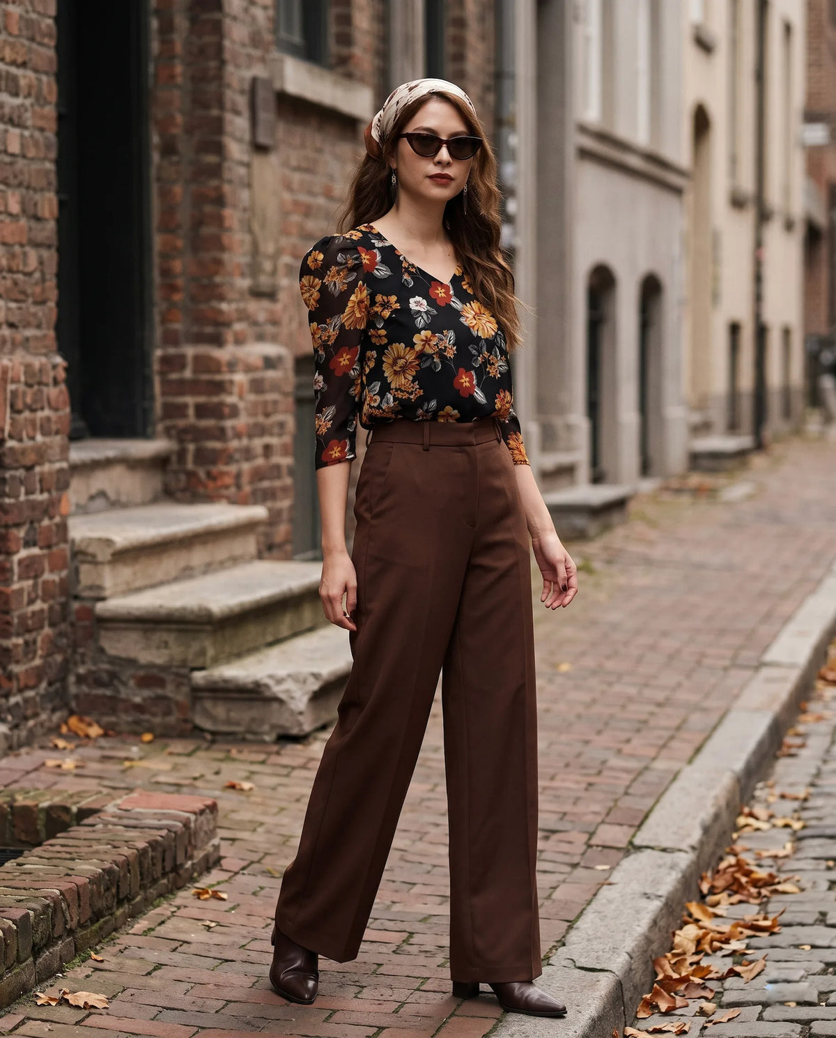 Áo nhún tay phồng  chiffon hoa mùa thu thời trang Hity