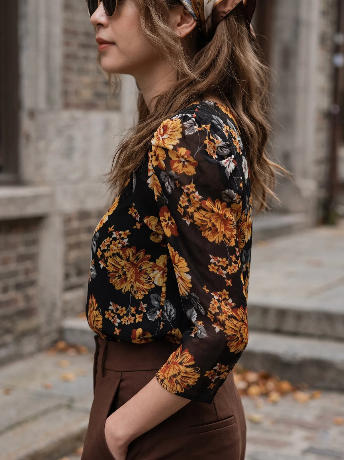 Áo nhún tay phồng  chiffon hoa mùa thu thời trang Hity
