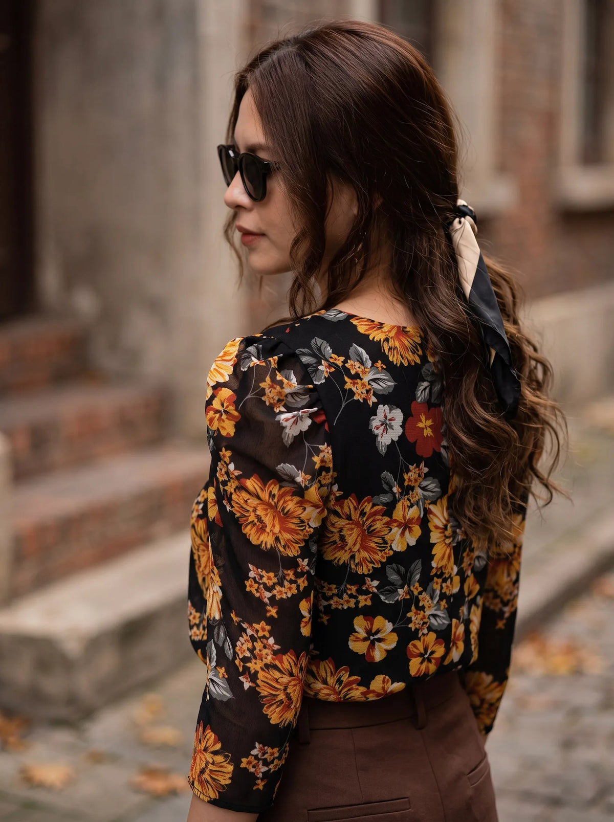 Áo nhún tay phồng  chiffon hoa mùa thu thời trang Hity