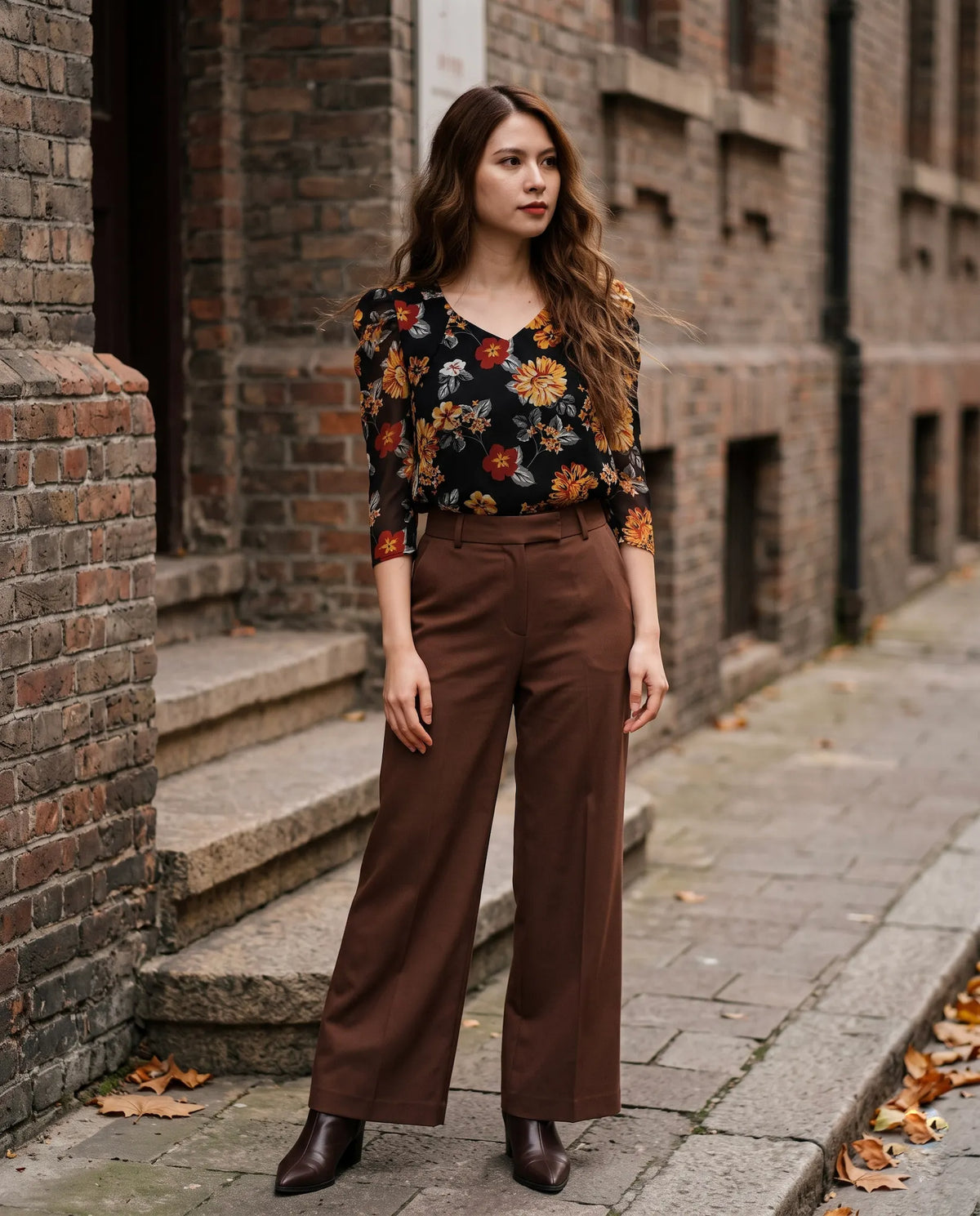 Áo nhún tay phồng  chiffon hoa mùa thu thời trang Hity