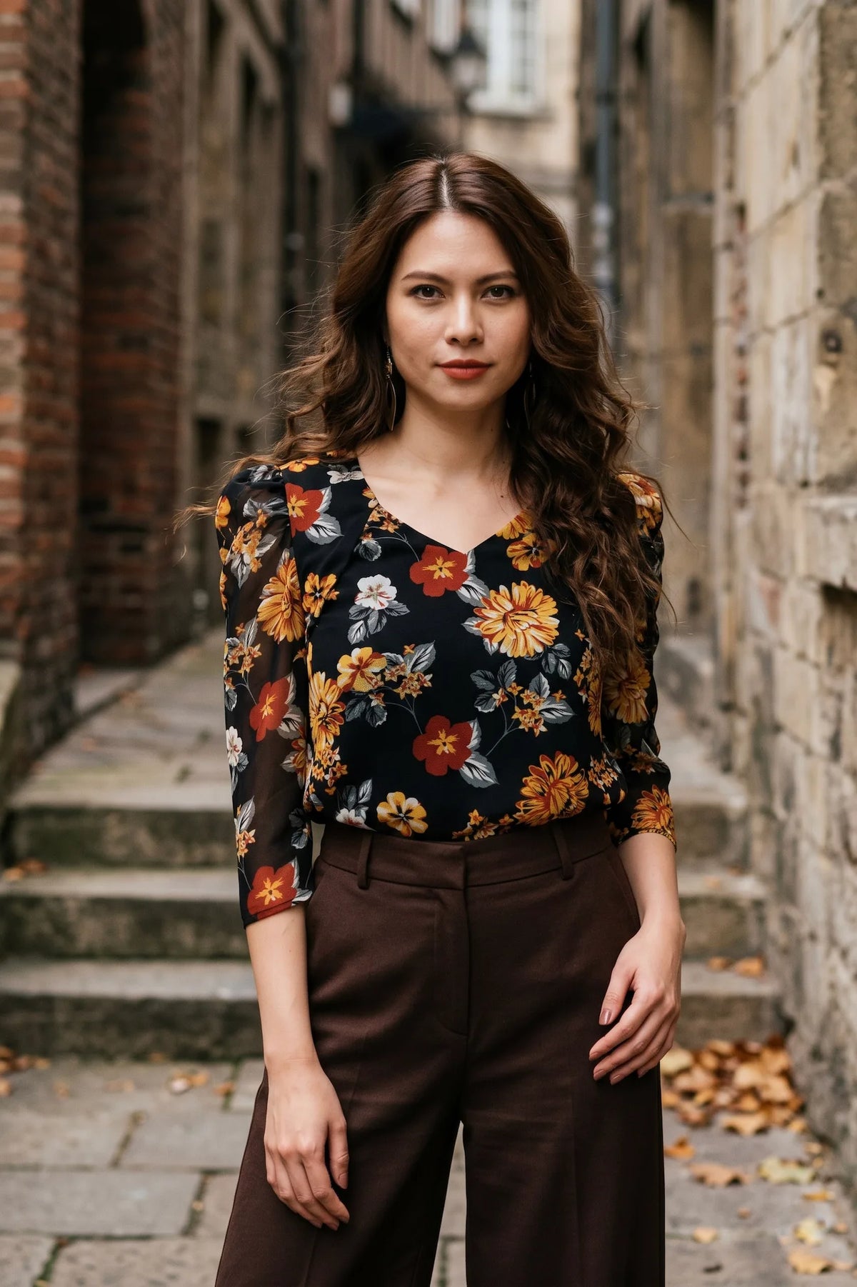 Áo nhún tay phồng  chiffon hoa mùa thu thời trang Hity