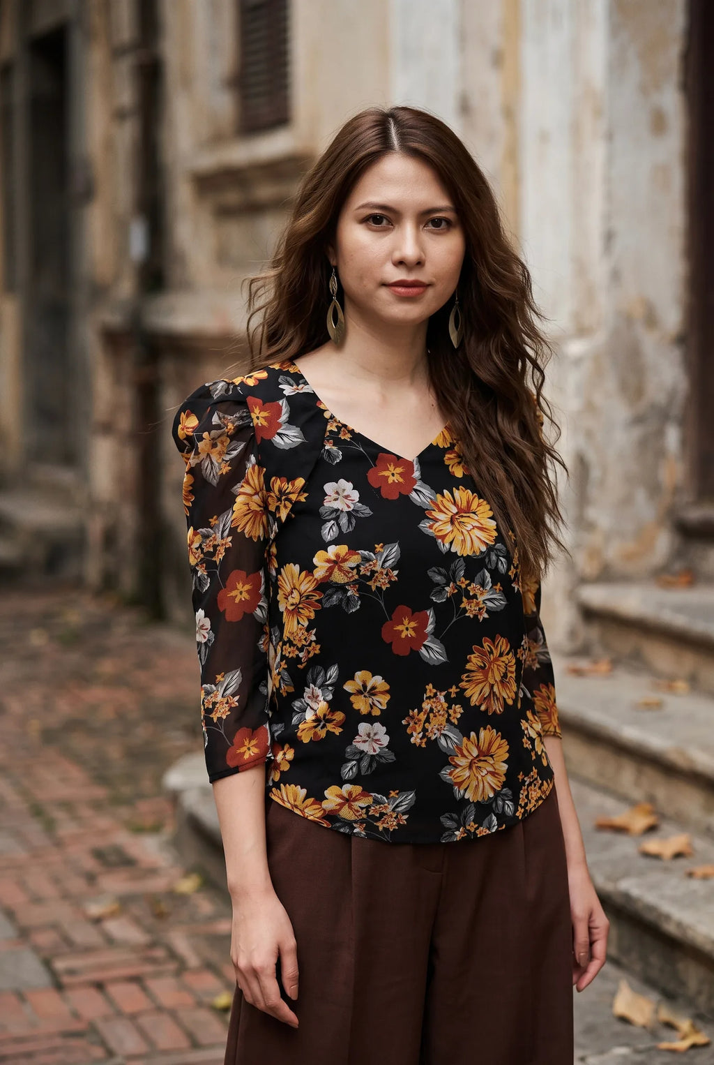 Áo nhún tay phồng  chiffon hoa mùa thu thời trang Hity