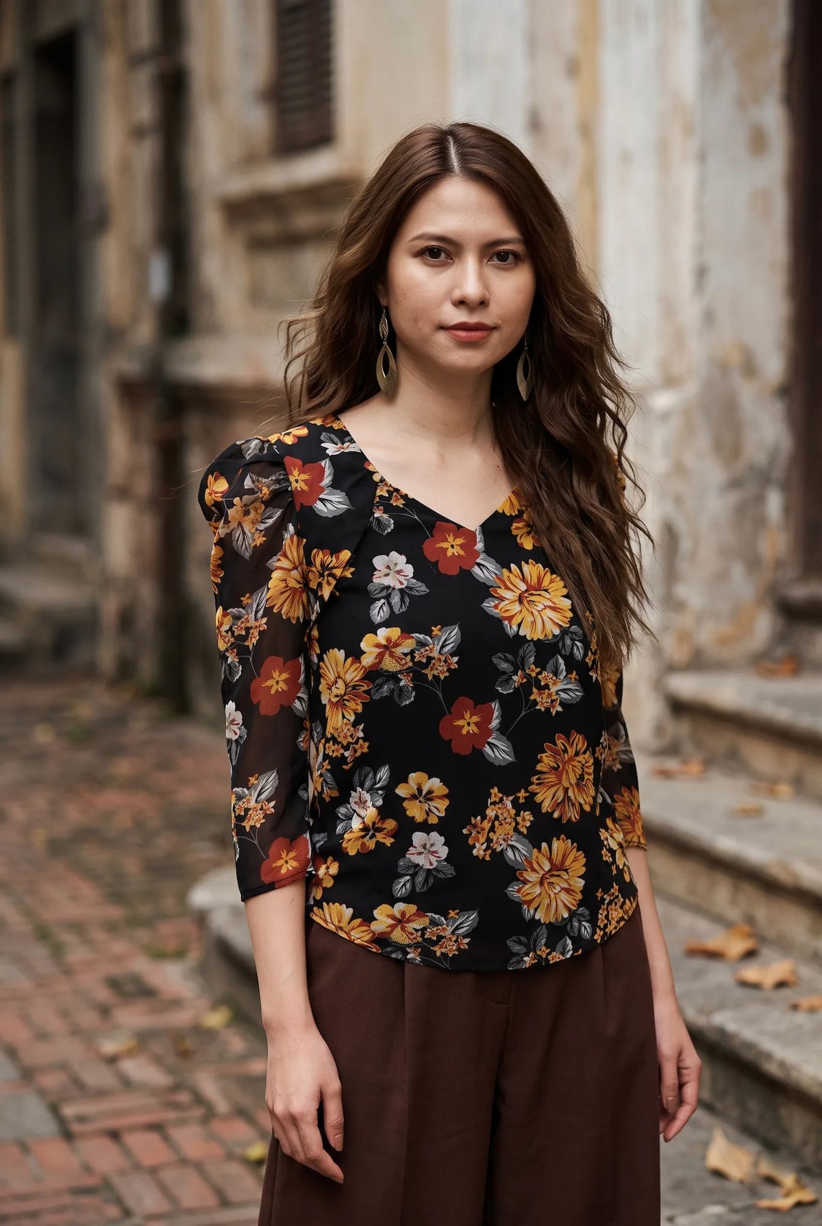 Áo nhún tay phồng  chiffon hoa mùa thu thời trang Hity