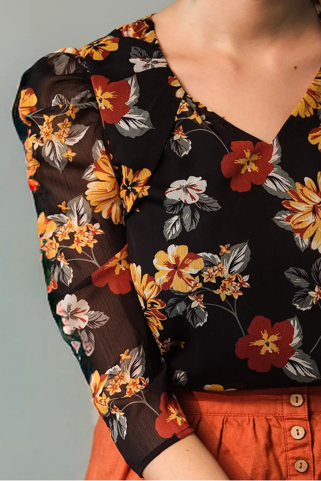 Áo nhún tay phồng  chiffon hoa mùa thu thời trang Hity
