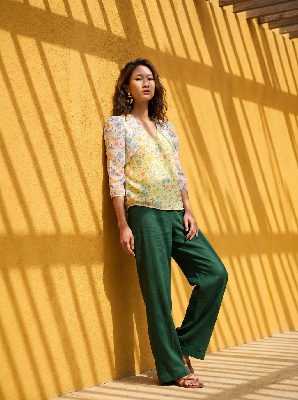 Áo tay phồng nhún organza hoa vàng thời trang Hity