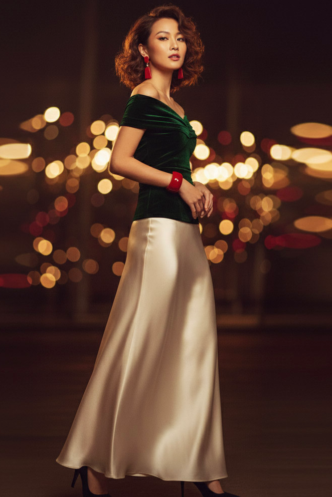 Áo trễ vai hở lưng nhung xanh thời trang Hity