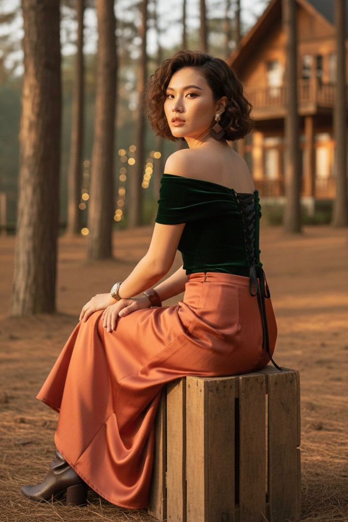 Áo trễ vai hở lưng nhung xanh thời trang Hity