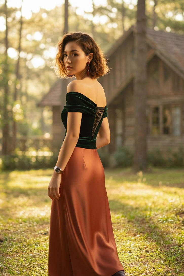 Áo trễ vai hở lưng nhung xanh thời trang Hity