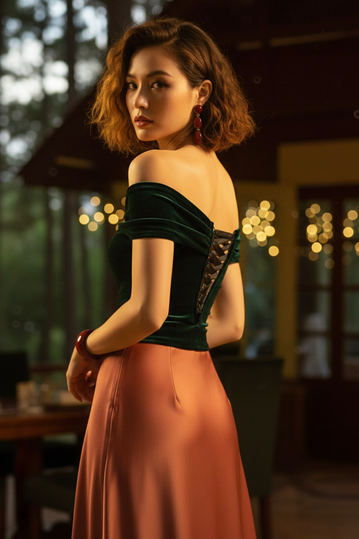 Áo trễ vai hở lưng nhung xanh thời trang Hity